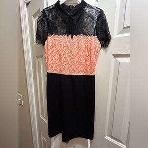 New York & Company pink and black dress with lace detailing and bow collar. S.